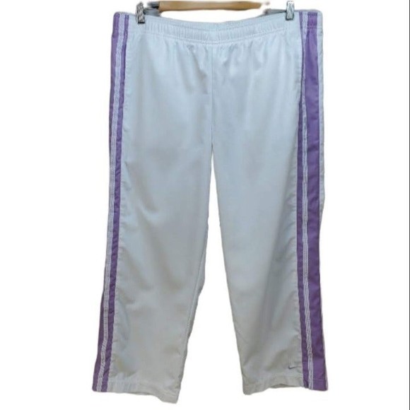 Nike Women's Joggers Cropped Athletic Running Pants White Lilac Stripe L - Picture 1 of 11